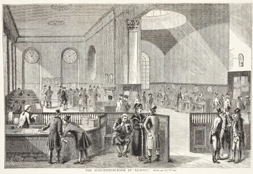 La sala delle sottoscrizioni a Lloyds, da una vecchia stampa